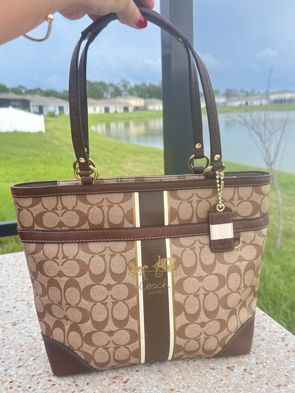 Coach Brown Signature Canvas Tote with Cream Stripe